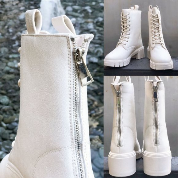 NEW Laced Up Lug Sole Zipper Back Faux Leather Combat Boots Booties Stone Ivory - Picture 9 of 10